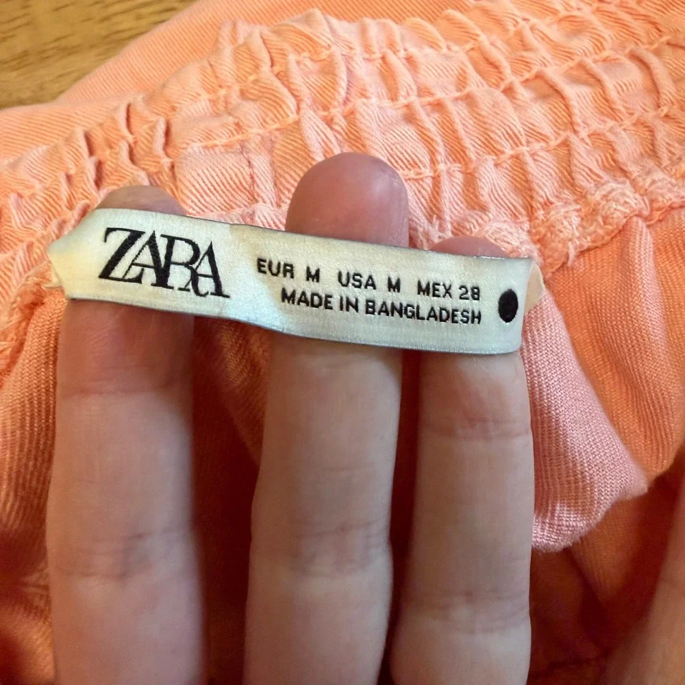 ZARA Linen Blend Smocked Waist Raw Hem Straight Leg Trousers Peach Womens Size M